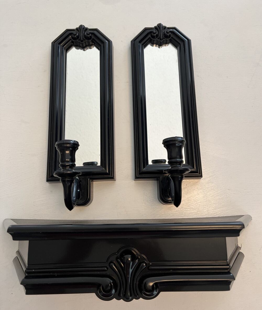Vtg Syroco Ornate Black Plastic Wall Shelf & 2 Mirror Wall Sconce Gothic Regency